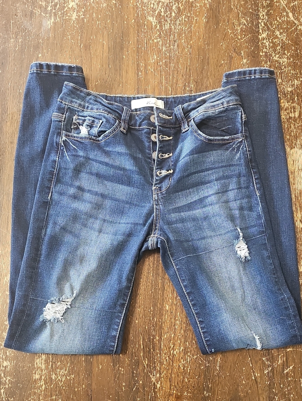 KanCan Dark Blue Skinny Jeans with Button-Fly and Distressed Accents